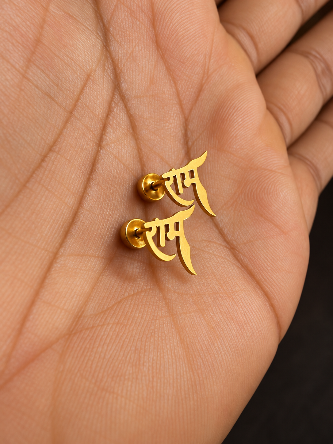Gold-Plated Hindi Script Stud Earrings for Men