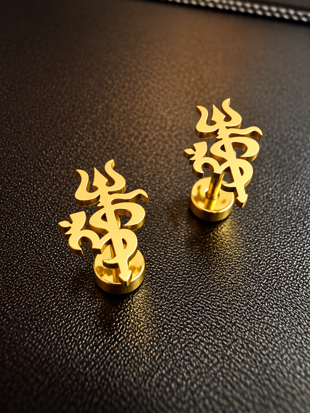 Gold-Plated Trishul & Om Stud Earrings for Men