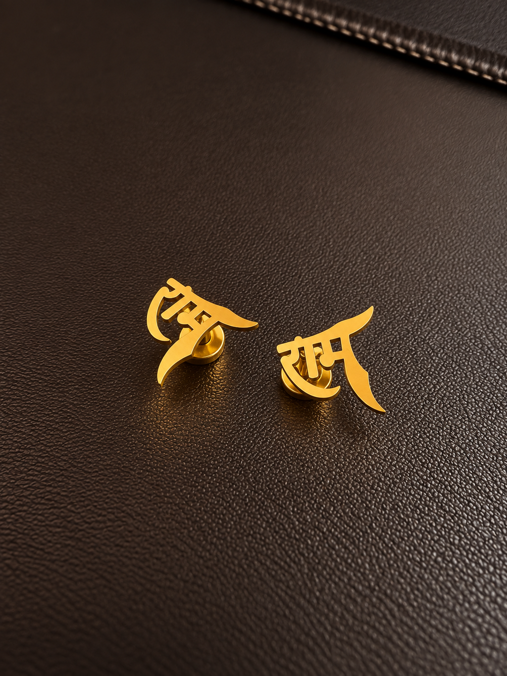 Gold-Plated Hindi Script Stud Earrings for Men