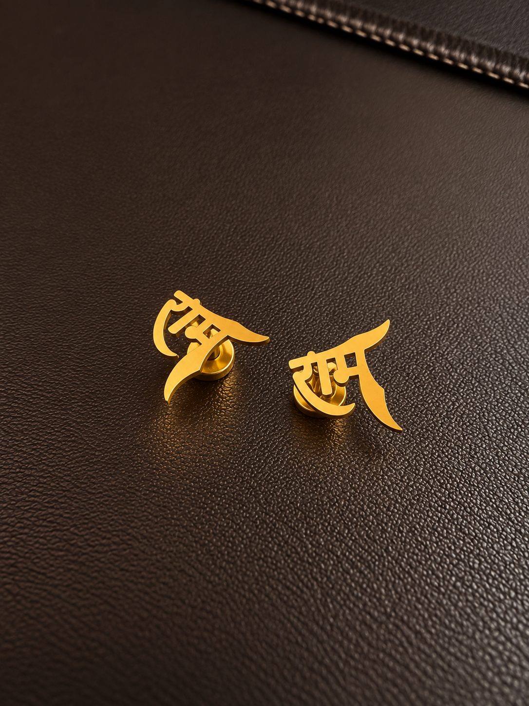 Gold-Plated Hindi Script Stud Earrings for Men