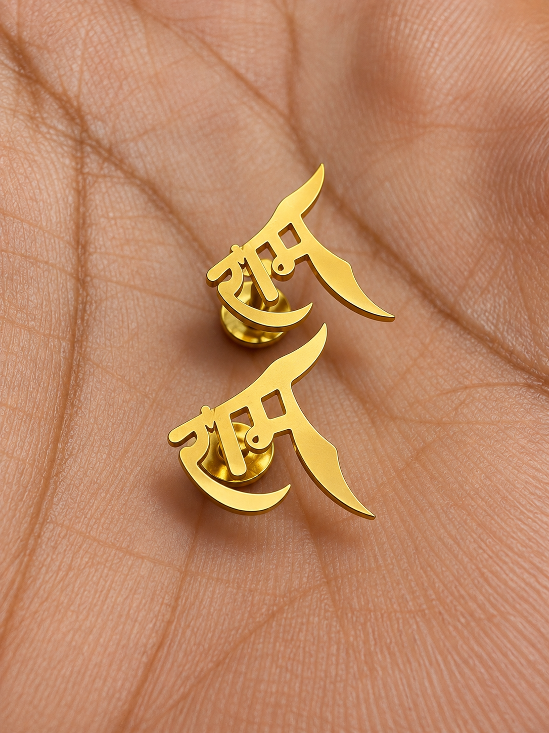 Gold-Plated Hindi Script Stud Earrings for Men