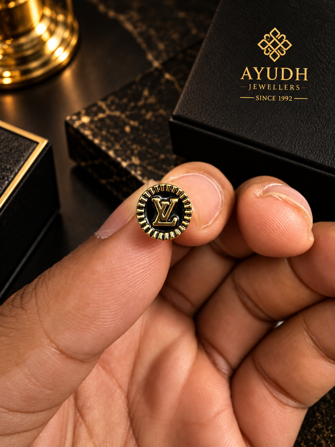 Ayudh Jewellers — Black & Gold Monogram Stud