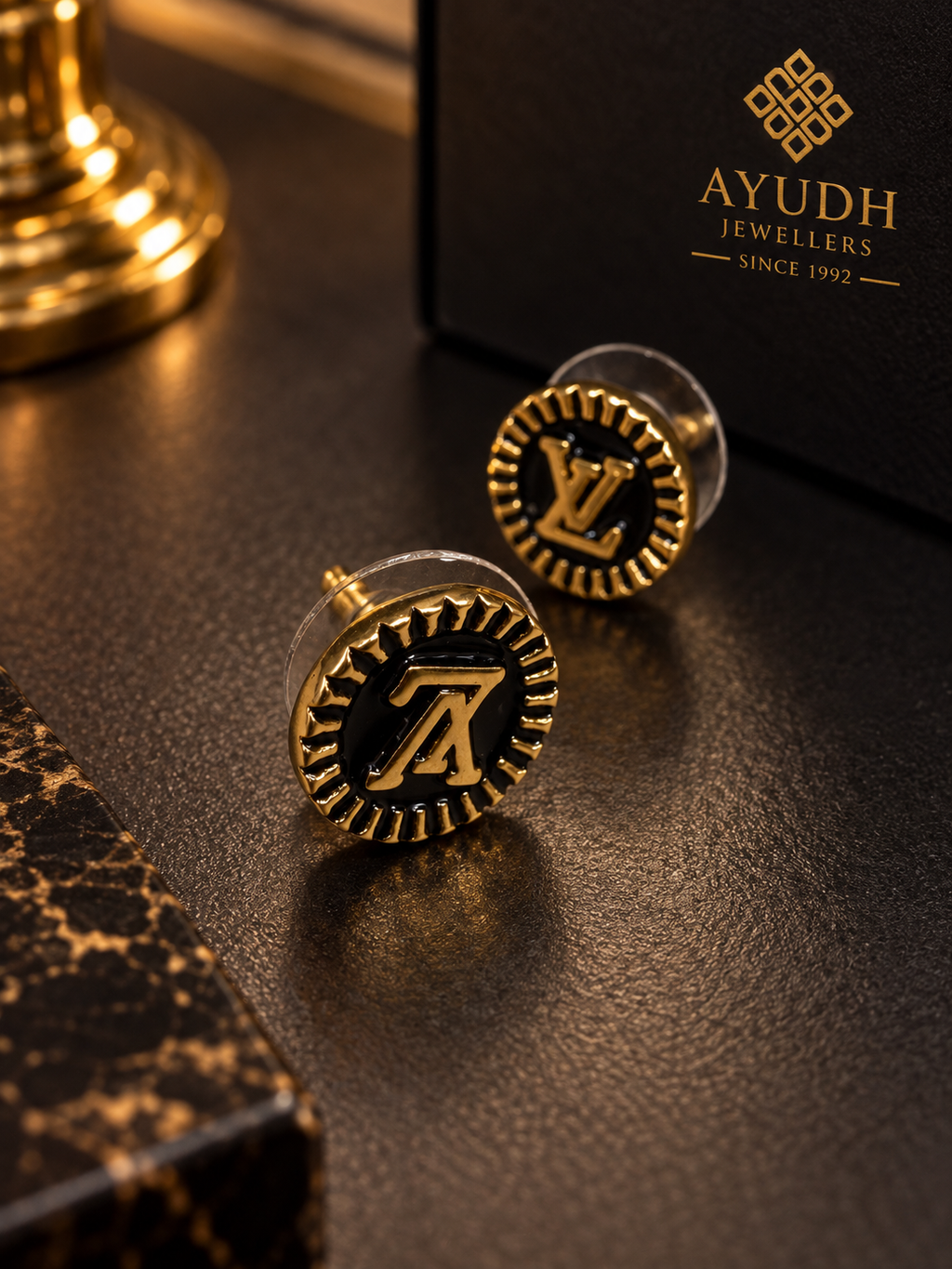 Ayudh Jewellers — Black & Gold Monogram Stud